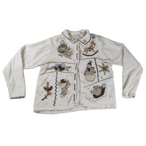 Vtg BP Design L Cardigan Sweater Womens Christmas‎ Winter Beaded Button FLAWS